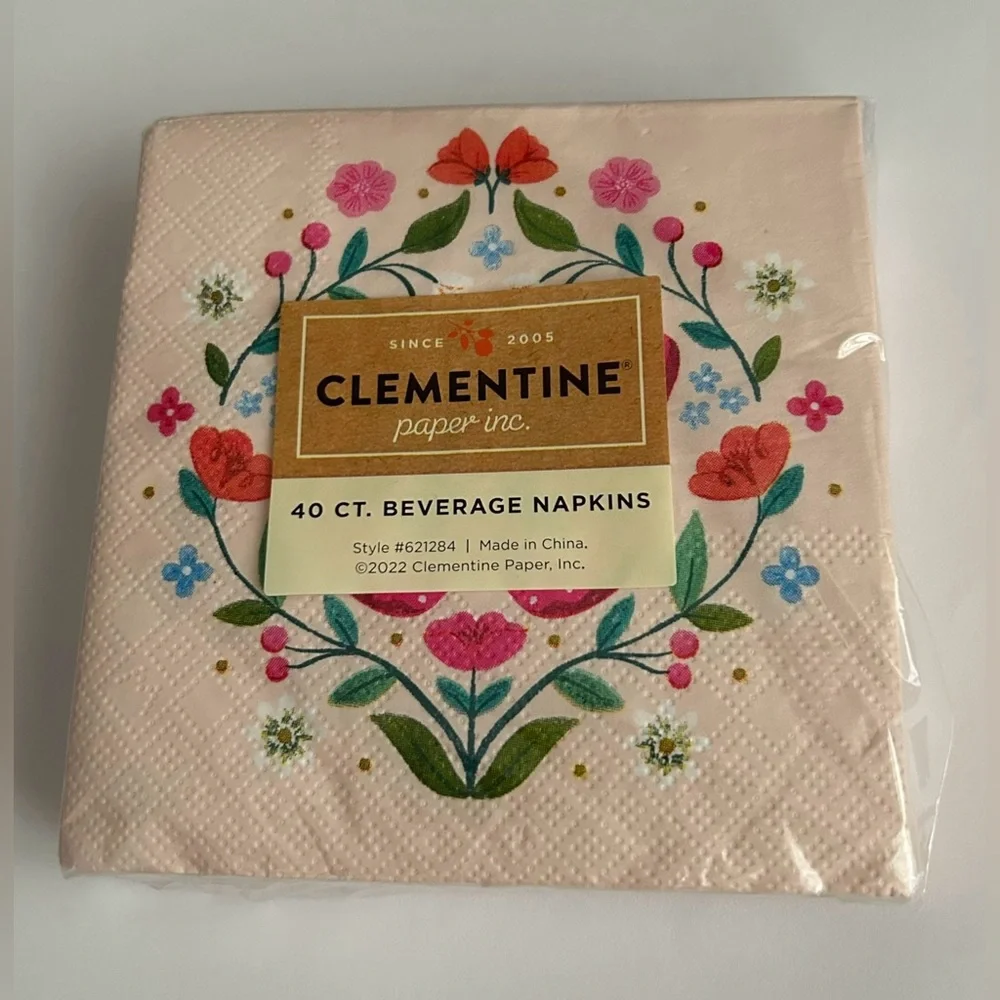 New 40 Pink Paper Beverage Napkins Clementine Butterflies Flowers Leaves